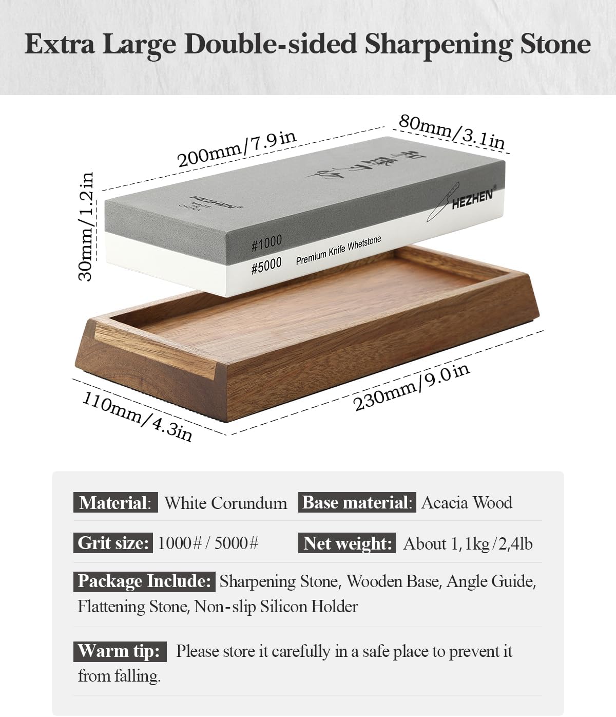 Extra Large Double-sided White Corundum Whetstone Knife Sharpening Stone Grit 1000/5000 Waterstone- 7.9x3.1x1.2 inch Knife Sharpener- Non-slip Acacia Wood Base & Flattening stone & Angle Guide