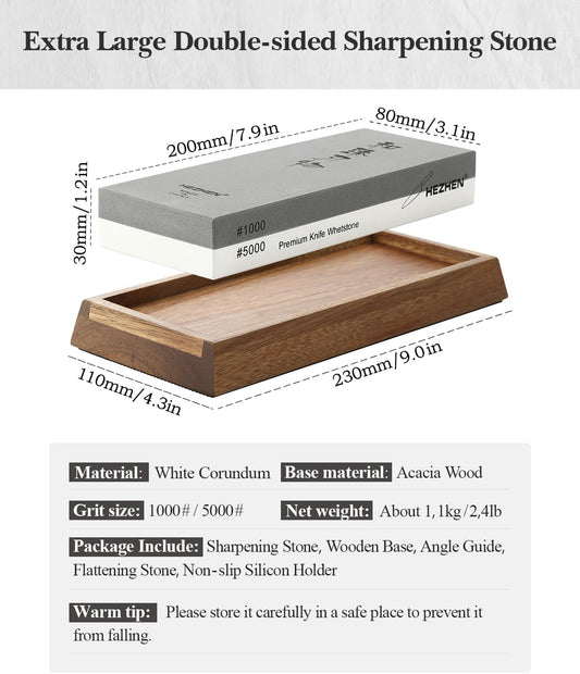 Extra Large Double-sided White Corundum Whetstone Knife Sharpening Stone Grit 1000/5000 Waterstone- 7.9x3.1x1.2 inch Knife Sharpener- Non-slip Acacia Wood Base & Flattening stone & Angle Guide