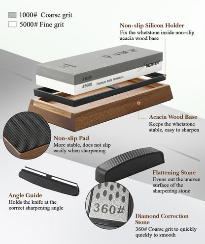 Extra Large Double-sided White Corundum Whetstone Knife Sharpening Stone Grit 1000/5000 Waterstone- 7.9x3.1x1.2 inch Knife Sharpener- Non-slip Acacia Wood Base & Flattening stone & Angle Guide