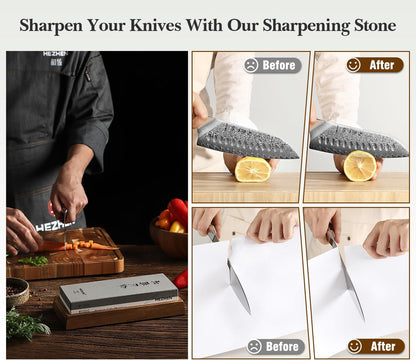 Extra Large Double-sided White Corundum Whetstone Knife Sharpening Stone Grit 1000/5000 Waterstone- 7.9x3.1x1.2 inch Knife Sharpener- Non-slip Acacia Wood Base & Flattening stone & Angle Guide