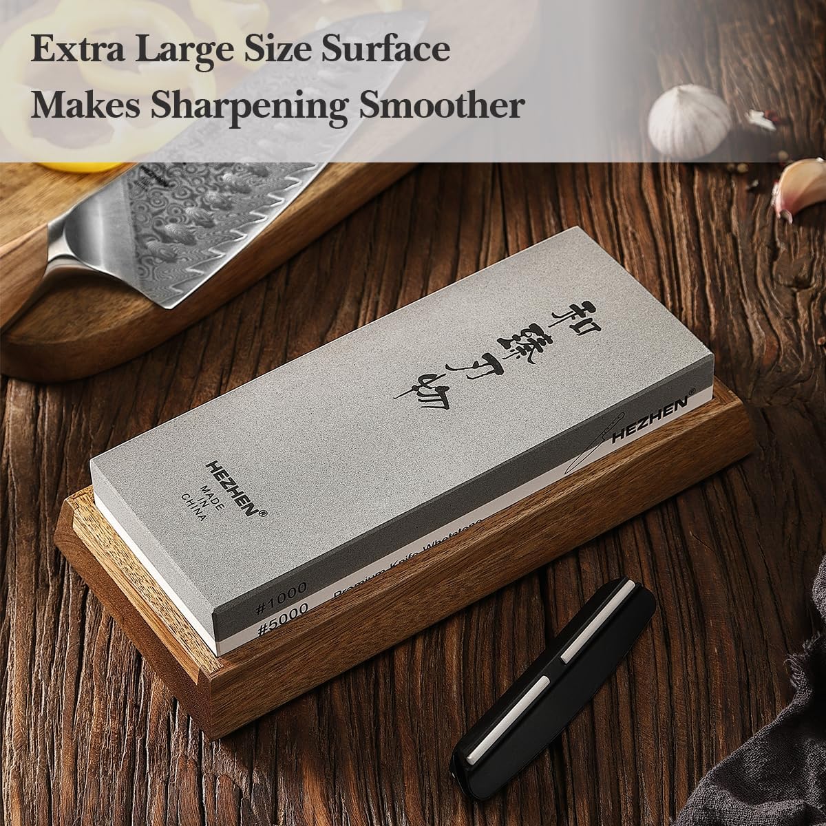 Extra Large Double-sided White Corundum Whetstone Knife Sharpening Stone Grit 1000/5000 Waterstone- 7.9x3.1x1.2 inch Knife Sharpener- Non-slip Acacia Wood Base & Flattening stone & Angle Guide