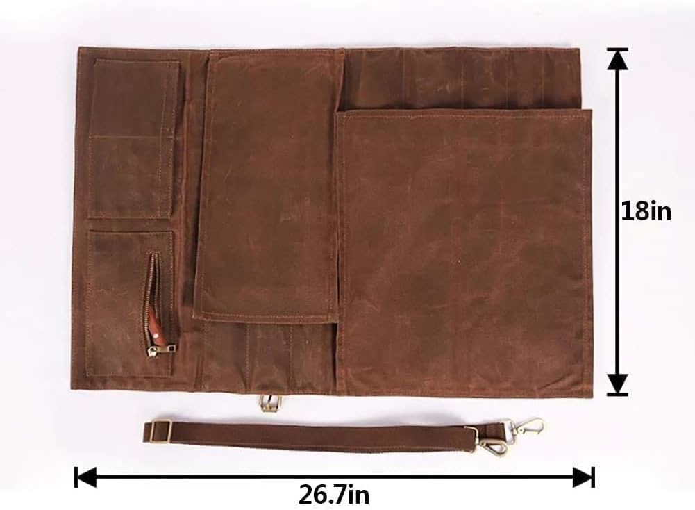 Chef Knife Roll Bag,Waxed Canvas Knife Bags with 10 Slots and 1 Zipper Pocket,Chef Bag for Chefs Professional Knife Roll Pouch with Shoulder Strap (Brown)