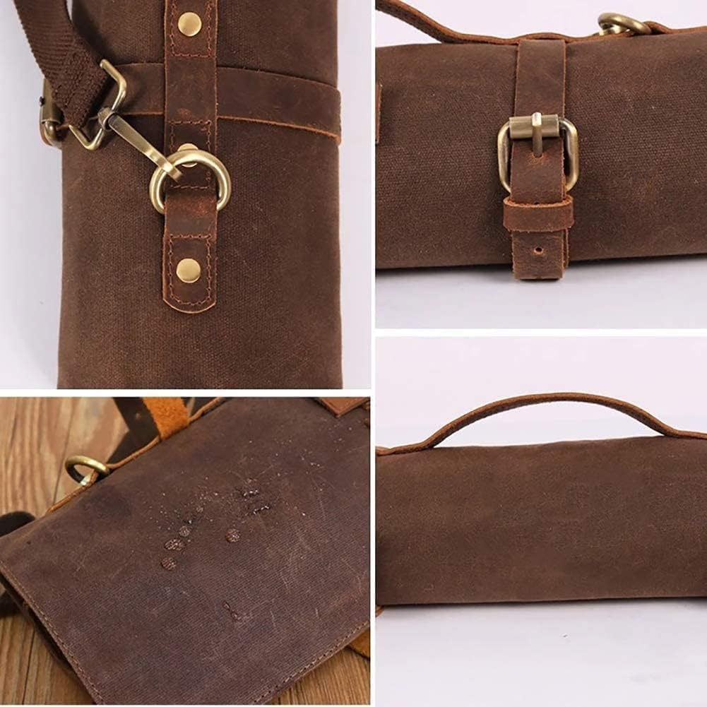 Chef Knife Roll Bag,Waxed Canvas Knife Bags with 10 Slots and 1 Zipper Pocket,Chef Bag for Chefs Professional Knife Roll Pouch with Shoulder Strap (Brown)