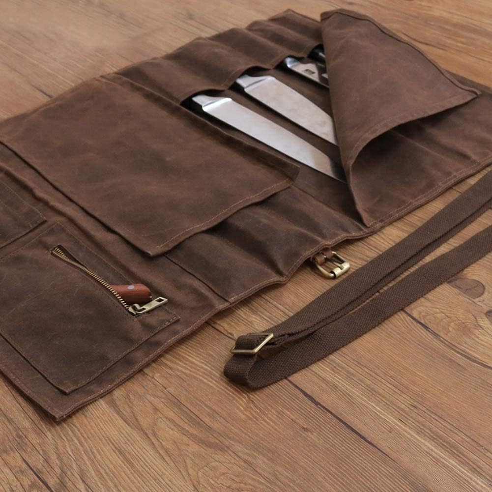 Chef Knife Roll Bag,Waxed Canvas Knife Bags with 10 Slots and 1 Zipper Pocket,Chef Bag for Chefs Professional Knife Roll Pouch with Shoulder Strap (Brown)