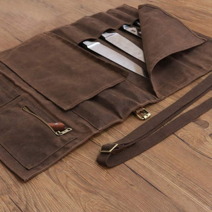Chef Knife Roll Bag,Waxed Canvas Knife Bags with 10 Slots and 1 Zipper Pocket,Chef Bag for Chefs Professional Knife Roll Pouch with Shoulder Strap (Brown)