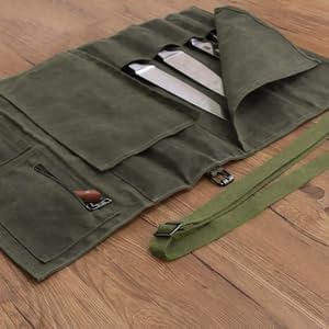 Chef Knife Roll Bag,Waxed Canvas Knife Bags with 10 Slots and 1 Zipper Pocket,Chef Bag for Chefs Professional Knife Roll Pouch with Shoulder Strap (Brown)