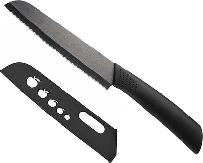 Ceramic Bread Knife - 6" Sharp Blade Serrated Kitchen Knife with Cover | Black