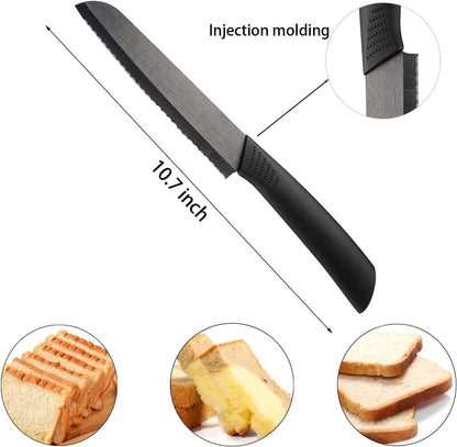 Ceramic Bread Knife - 6" Sharp Blade Serrated Kitchen Knife with Cover | Black