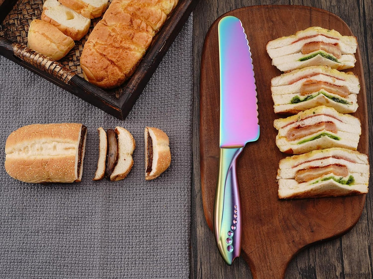 Sandwich Knife, 6 inch Serrated Utility Knife High Carbon Stainless Steel Blade for Bread Vegetable Meat Cutting, Butter Spreader Knife - Rainbow
