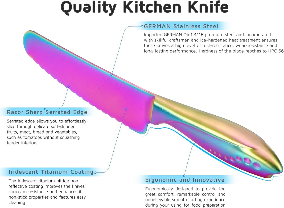 Sandwich Knife, 6 inch Serrated Utility Knife High Carbon Stainless Steel Blade for Bread Vegetable Meat Cutting, Butter Spreader Knife - Rainbow