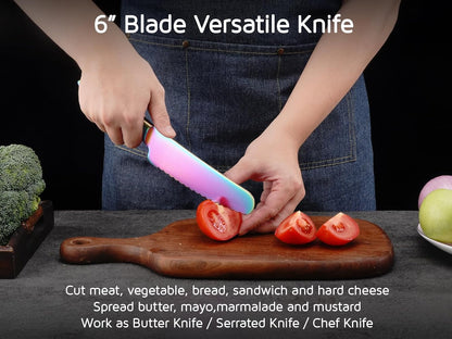Sandwich Knife, 6 inch Serrated Utility Knife High Carbon Stainless Steel Blade for Bread Vegetable Meat Cutting, Butter Spreader Knife - Rainbow