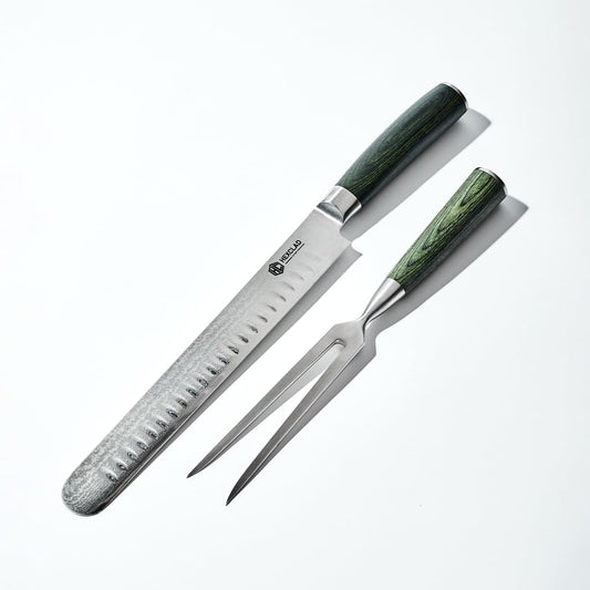 Japanese Damascus Steel Blade Carving Knife and 2-Pronged Fork Set | Pakkawood Handles, 10-Inch, Japanese Damascus Steel Blade Knife with Full Tang Construction and 2-Pronged Fork