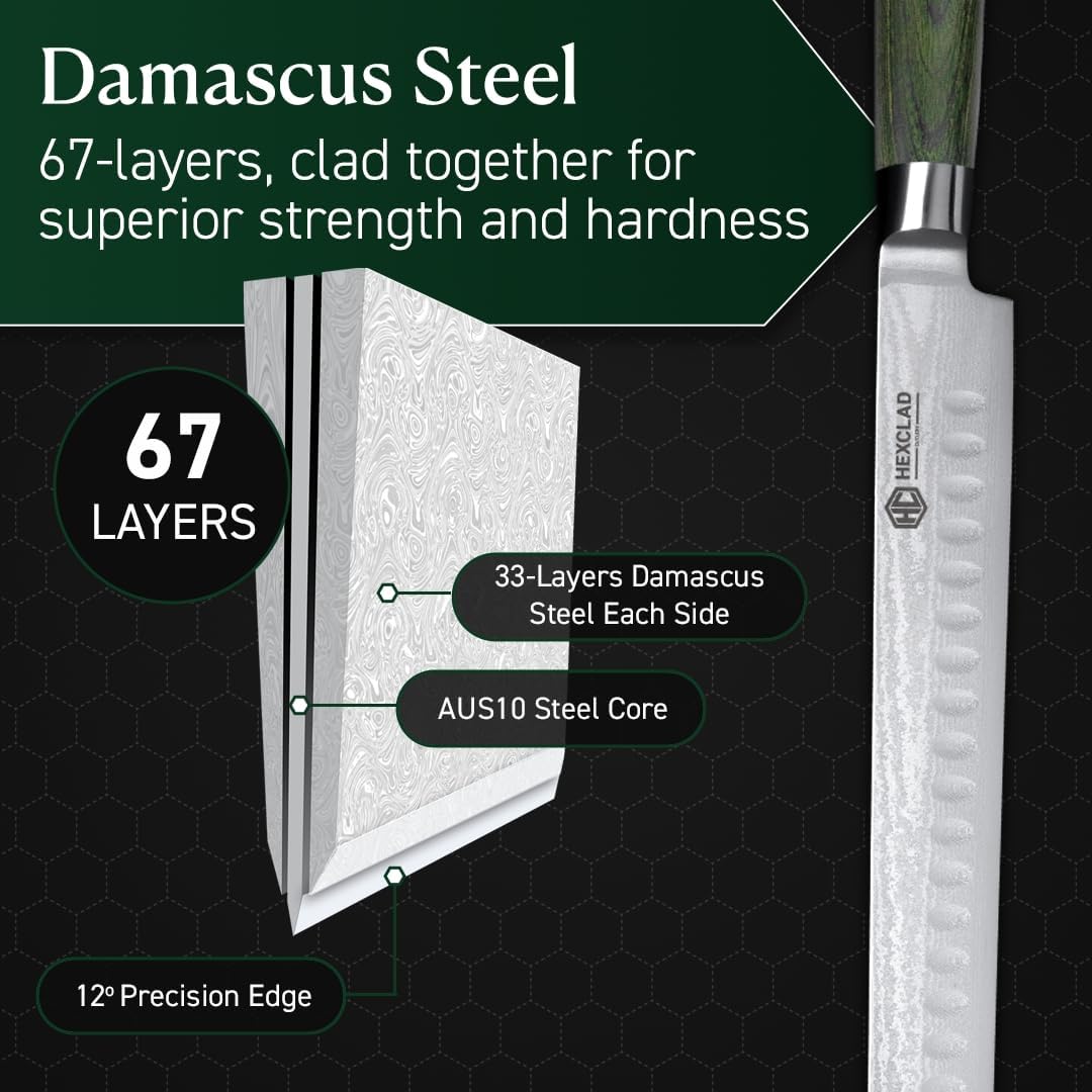 Japanese Damascus Steel Blade Carving Knife and 2-Pronged Fork Set | Pakkawood Handles, 10-Inch, Japanese Damascus Steel Blade Knife with Full Tang Construction and 2-Pronged Fork