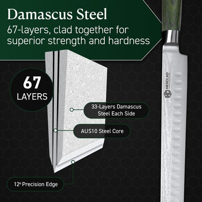 Japanese Damascus Steel Blade Carving Knife and 2-Pronged Fork Set | Pakkawood Handles, 10-Inch, Japanese Damascus Steel Blade Knife with Full Tang Construction and 2-Pronged Fork