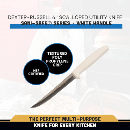 Sani-Safe 6" Scalloped Utility Knife | S156SC-PCP, High-Carbon Steel Blade, White Polypropylene Handle | NSF Certified, Made in USA