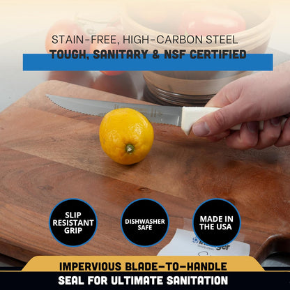 Sani-Safe 6" Scalloped Utility Knife | S156SC-PCP, High-Carbon Steel Blade, White Polypropylene Handle | NSF Certified, Made in USA