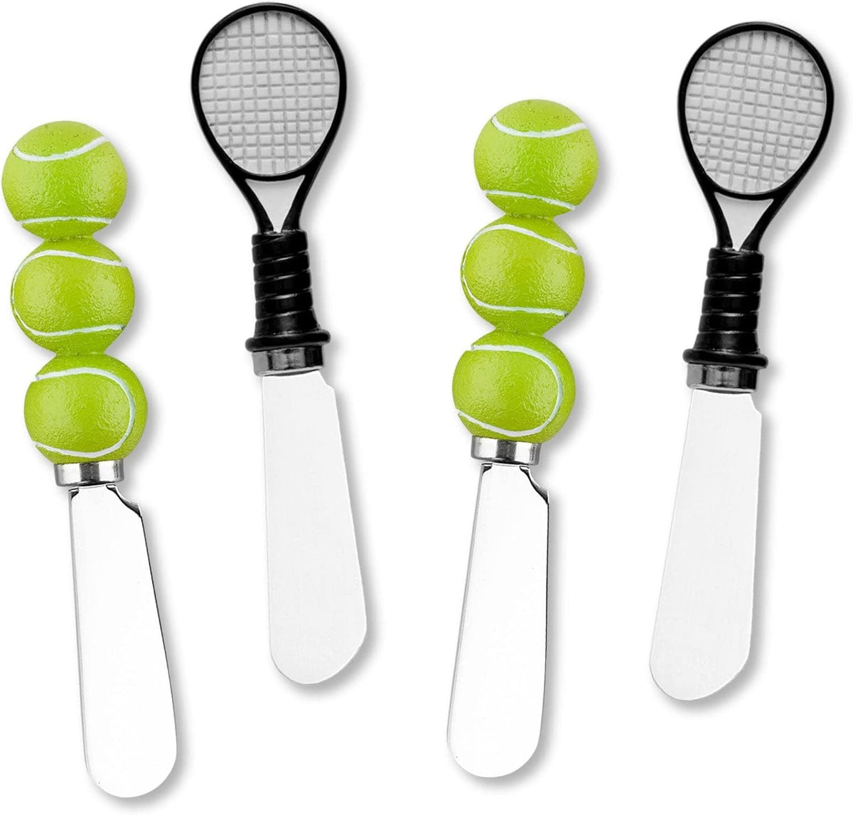 UP Tennis Themed Cheese Spreaders, Hand-Painted Resin Handles with Stainless Steel Blades for Spreading Cream Cheese, Butter, and Jam, Assorted Designs, Set of 4