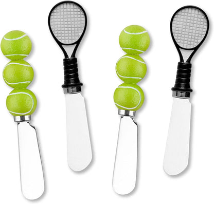 UP Tennis Themed Cheese Spreaders, Hand-Painted Resin Handles with Stainless Steel Blades for Spreading Cream Cheese, Butter, and Jam, Assorted Designs, Set of 4