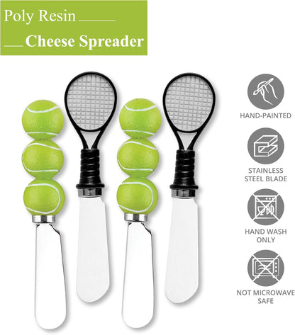UP Tennis Themed Cheese Spreaders, Hand-Painted Resin Handles with Stainless Steel Blades for Spreading Cream Cheese, Butter, and Jam, Assorted Designs, Set of 4