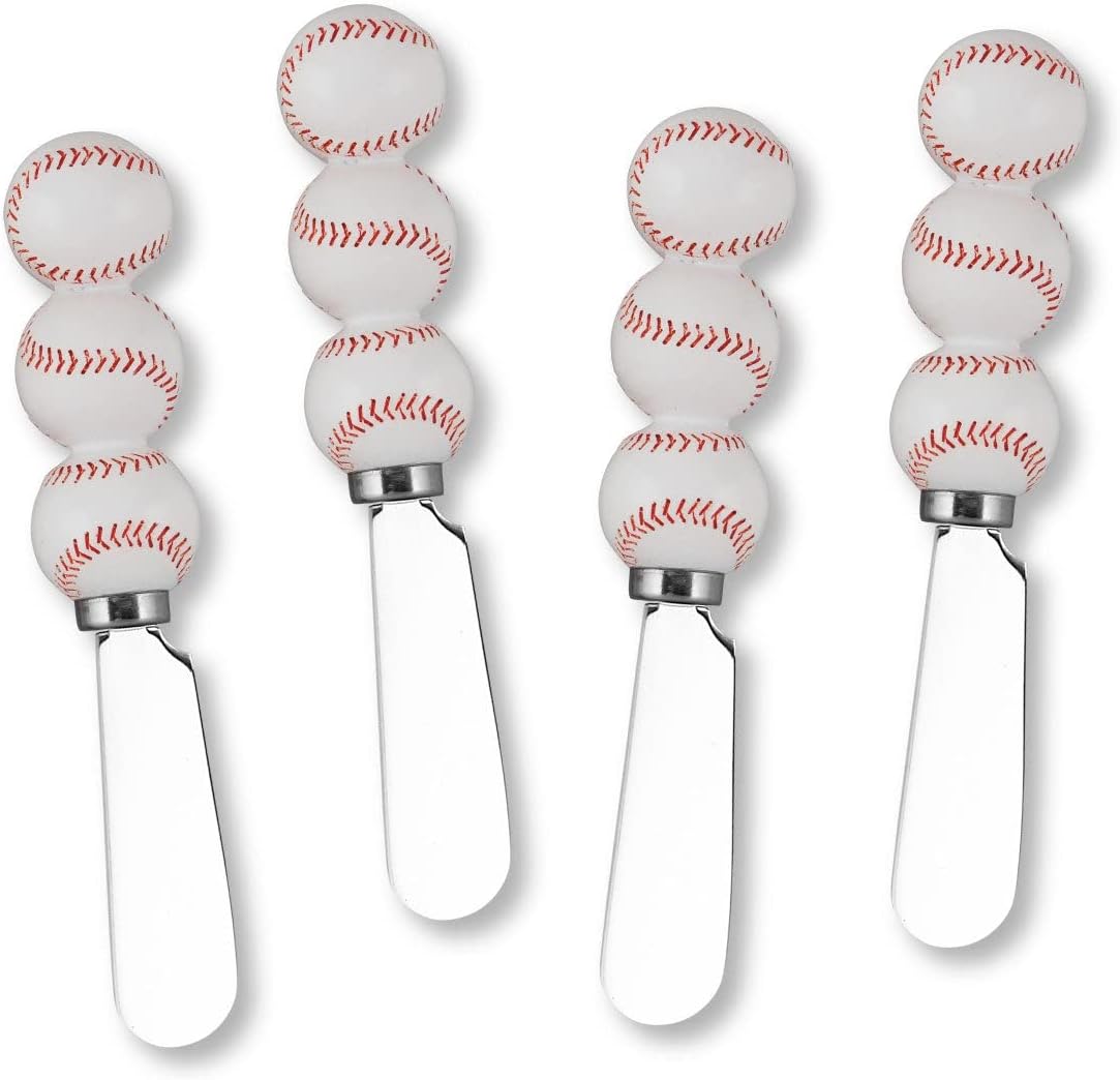 UP Tennis Themed Cheese Spreaders, Hand-Painted Resin Handles with Stainless Steel Blades for Spreading Cream Cheese, Butter, and Jam, Assorted Designs, Set of 4