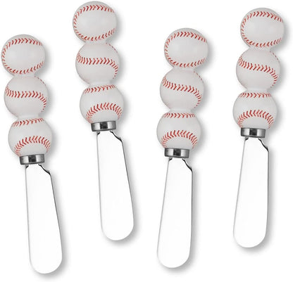 UP Tennis Themed Cheese Spreaders, Hand-Painted Resin Handles with Stainless Steel Blades for Spreading Cream Cheese, Butter, and Jam, Assorted Designs, Set of 4