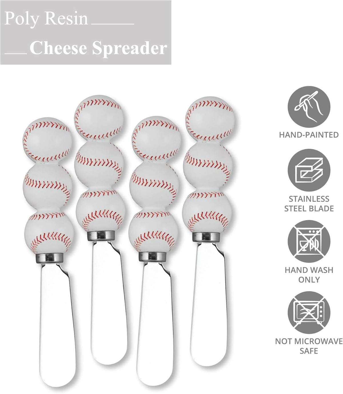 UP Tennis Themed Cheese Spreaders, Hand-Painted Resin Handles with Stainless Steel Blades for Spreading Cream Cheese, Butter, and Jam, Assorted Designs, Set of 4