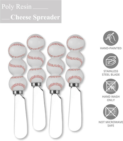 UP Tennis Themed Cheese Spreaders, Hand-Painted Resin Handles with Stainless Steel Blades for Spreading Cream Cheese, Butter, and Jam, Assorted Designs, Set of 4