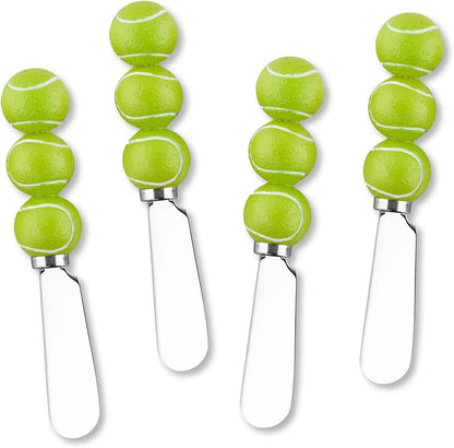 UP Tennis Themed Cheese Spreaders, Hand-Painted Resin Handles with Stainless Steel Blades for Spreading Cream Cheese, Butter, and Jam, Assorted Designs, Set of 4