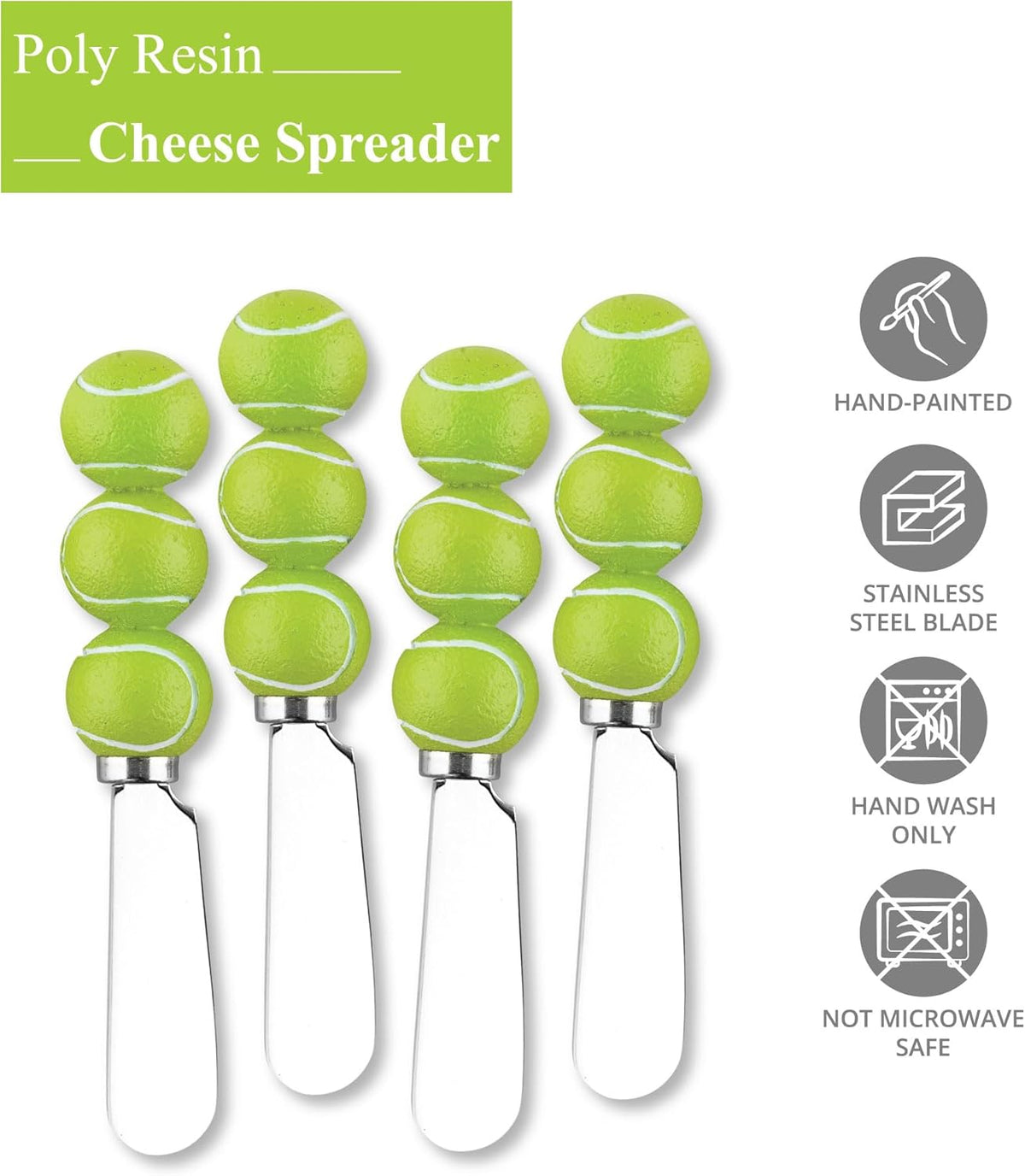 UP Tennis Themed Cheese Spreaders, Hand-Painted Resin Handles with Stainless Steel Blades for Spreading Cream Cheese, Butter, and Jam, Assorted Designs, Set of 4