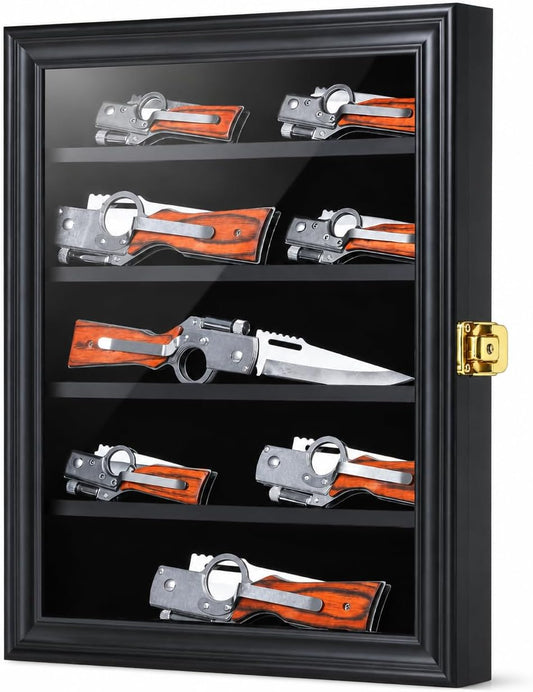 Knife Display Case Pocket Knife Shadow Box Lockable Small Black | Pocket Knife Stand for Collections, Military Folding Knife, Uv Protection Acrylic, Lockable