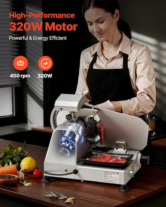 Commercial Meat Slicer, 320W Electric Deli Slicer Machine with 10 inch SUS420 Blade, 0-0.4 inch Adjustable Thickness, for Frozen Meat, Ham, Baguett, Steak