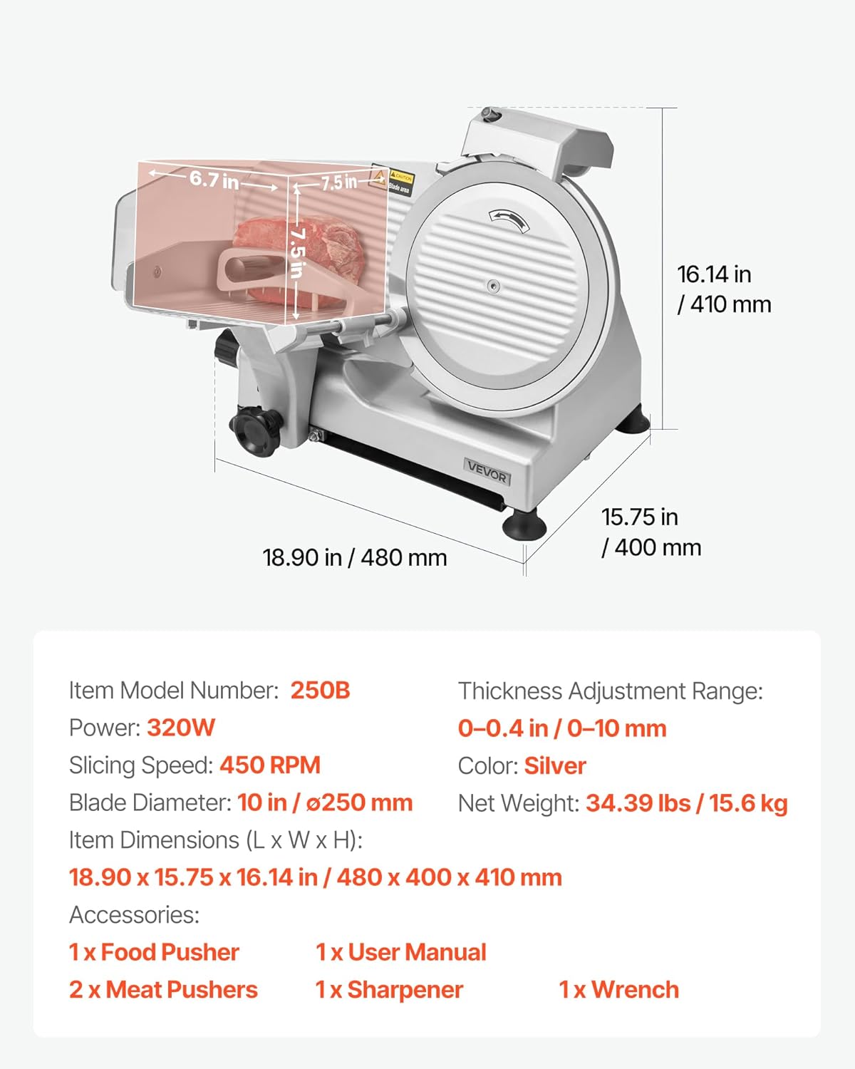 Commercial Meat Slicer, 320W Electric Deli Slicer Machine with 10 inch SUS420 Blade, 0-0.4 inch Adjustable Thickness, for Frozen Meat, Ham, Baguett, Steak