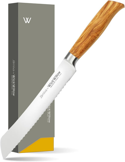 8” Double Serrated Bread Knife – Swedish Steel, Olive Wood | Perfect for sourdough, homemade bread and artisan loaves. Hand wash only. Gift box included.