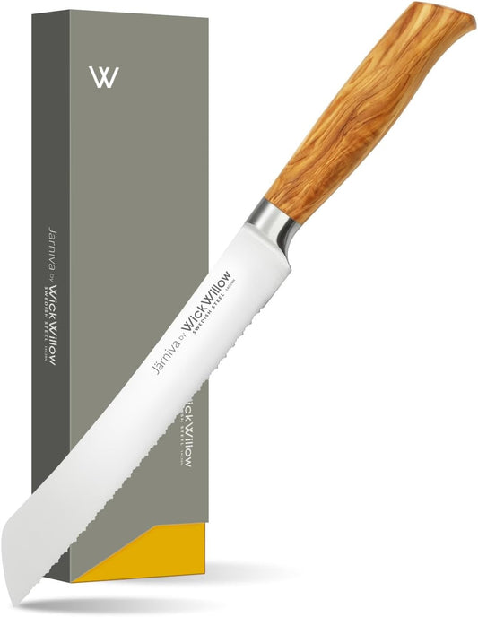 8” Double Serrated Bread Knife – Swedish Steel, Olive Wood | Perfect for sourdough, homemade bread and artisan loaves. Hand wash only. Gift box included.