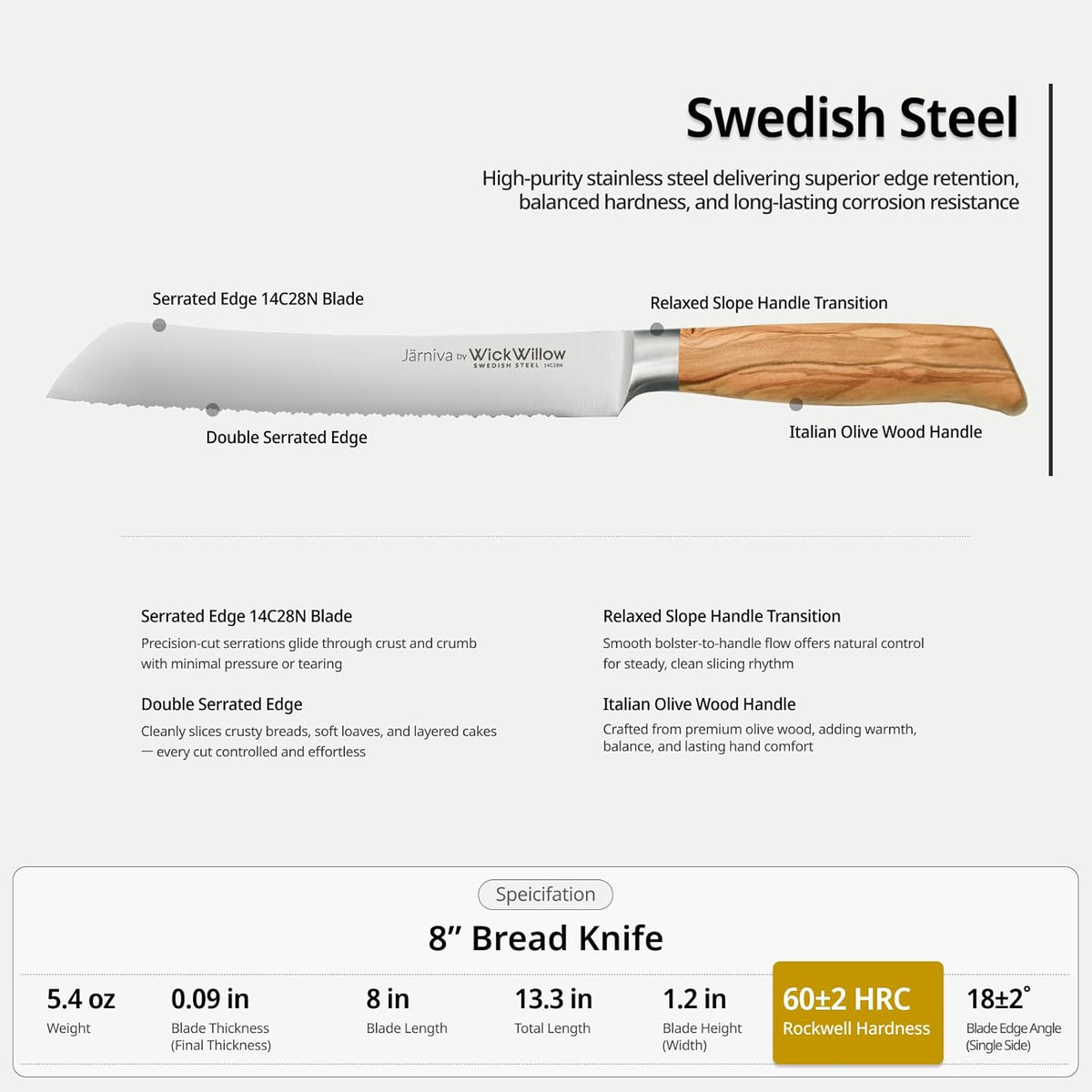 8” Double Serrated Bread Knife – Swedish Steel, Olive Wood | Perfect for sourdough, homemade bread and artisan loaves. Hand wash only. Gift box included.