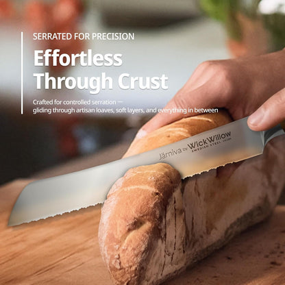 8” Double Serrated Bread Knife – Swedish Steel, Olive Wood | Perfect for sourdough, homemade bread and artisan loaves. Hand wash only. Gift box included.