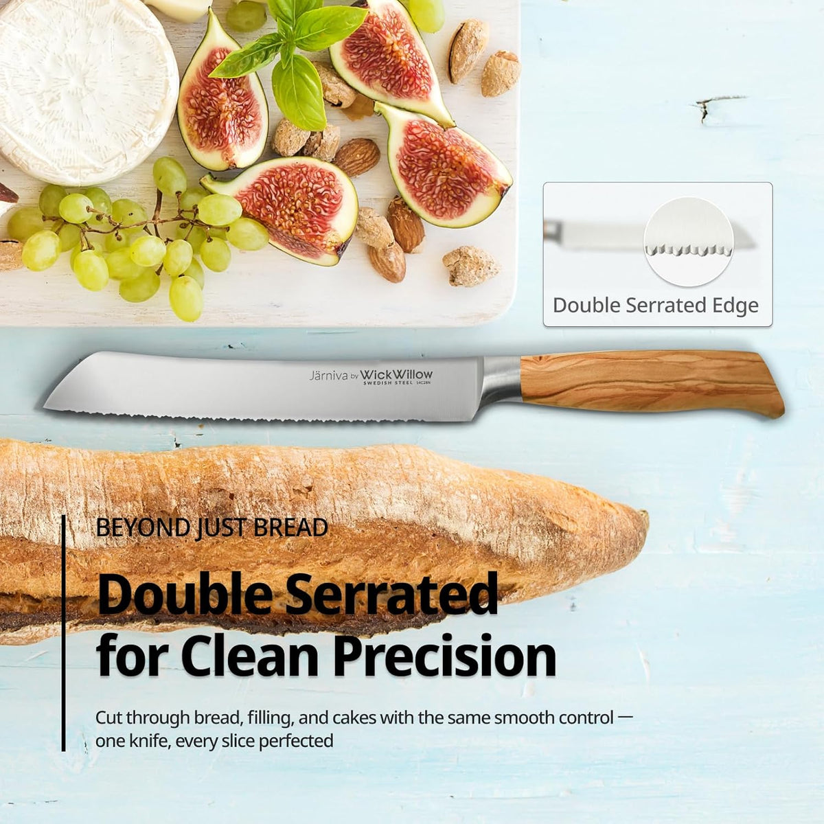 8” Double Serrated Bread Knife – Swedish Steel, Olive Wood | Perfect for sourdough, homemade bread and artisan loaves. Hand wash only. Gift box included.
