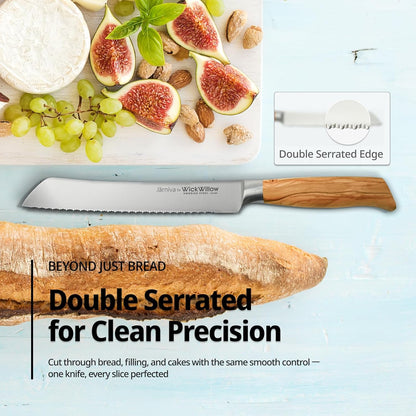8” Double Serrated Bread Knife – Swedish Steel, Olive Wood | Perfect for sourdough, homemade bread and artisan loaves. Hand wash only. Gift box included.