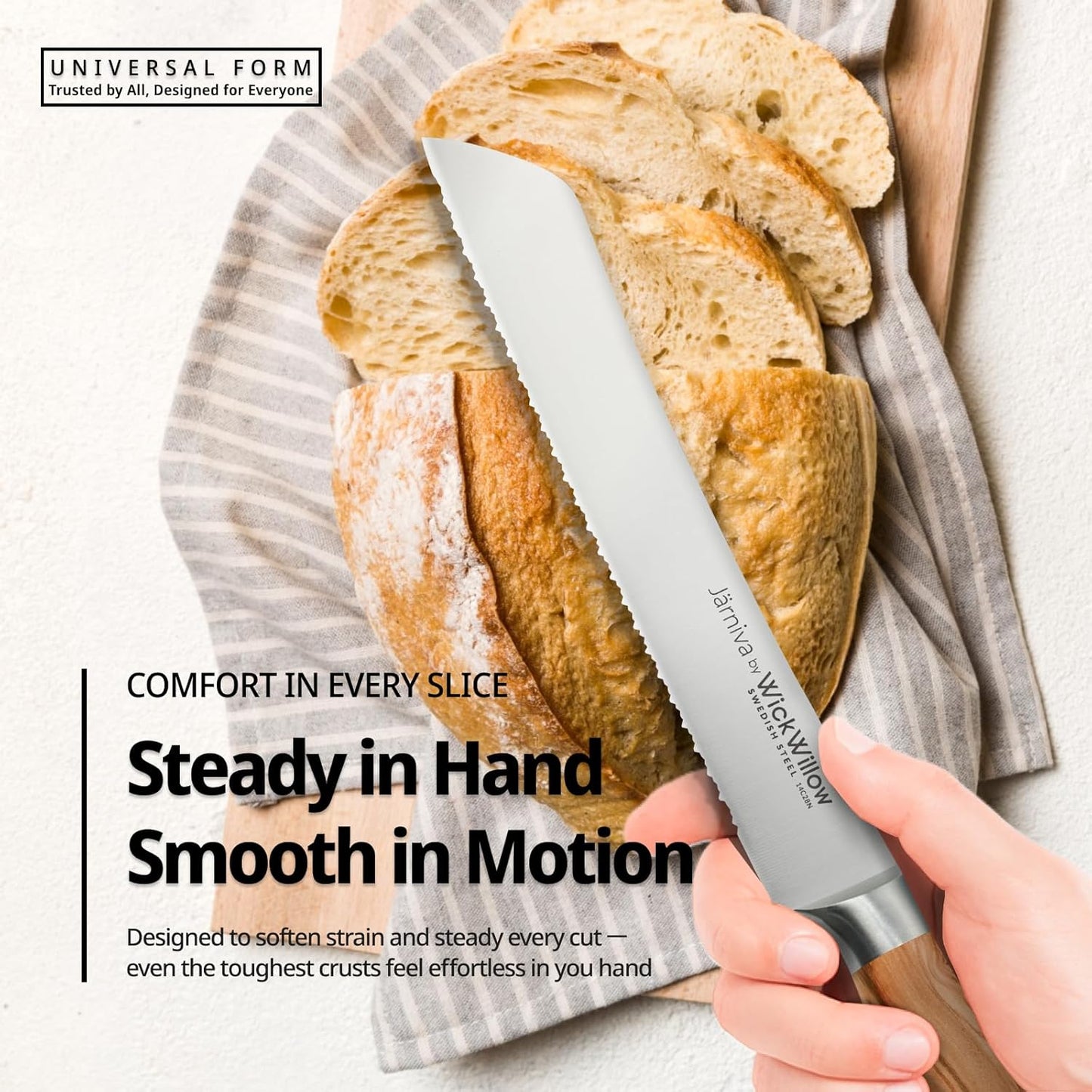 8” Double Serrated Bread Knife – Swedish Steel, Olive Wood | Perfect for sourdough, homemade bread and artisan loaves. Hand wash only. Gift box included.