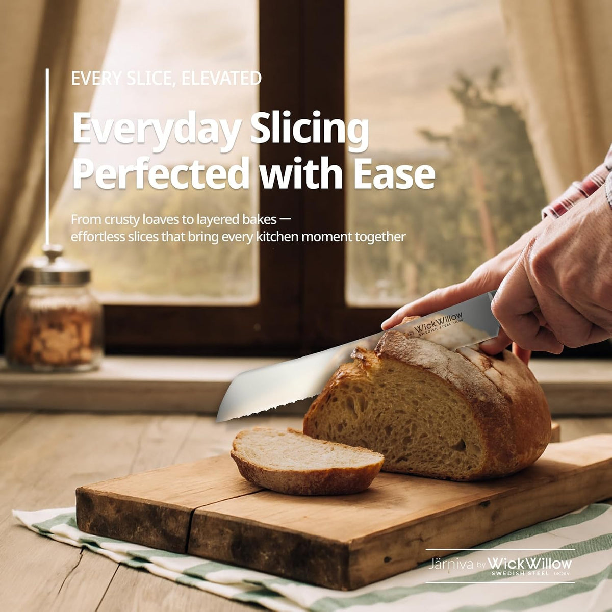 8” Double Serrated Bread Knife – Swedish Steel, Olive Wood | Perfect for sourdough, homemade bread and artisan loaves. Hand wash only. Gift box included.