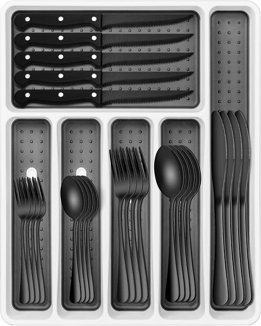 Black Silverware Set, 49-Piece Flatware Set with Drawer Organizer, Durable Stainless Steel Cutlery Set for 8, Tableware Eating Utensils with Steak Knives for Home Restaurant
