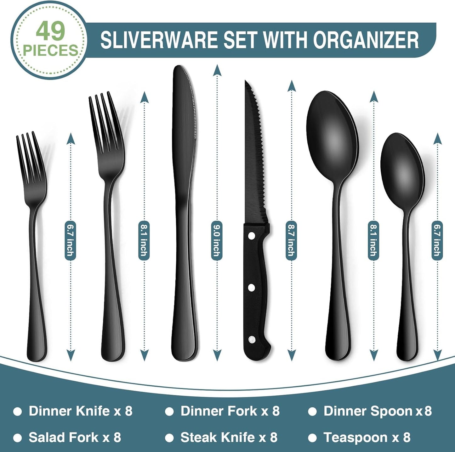 Black Silverware Set, 49-Piece Flatware Set with Drawer Organizer, Durable Stainless Steel Cutlery Set for 8, Tableware Eating Utensils with Steak Knives for Home Restaurant