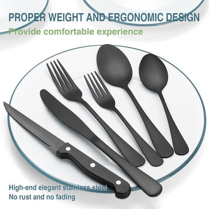 Black Silverware Set, 49-Piece Flatware Set with Drawer Organizer, Durable Stainless Steel Cutlery Set for 8, Tableware Eating Utensils with Steak Knives for Home Restaurant