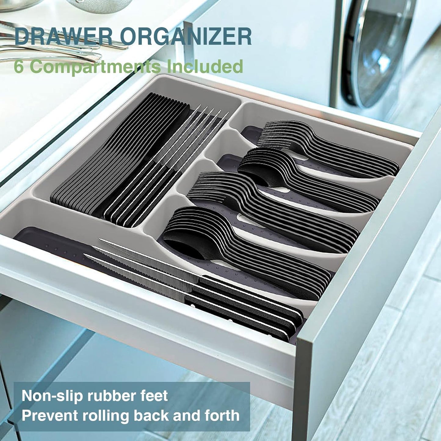 Black Silverware Set, 49-Piece Flatware Set with Drawer Organizer, Durable Stainless Steel Cutlery Set for 8, Tableware Eating Utensils with Steak Knives for Home Restaurant