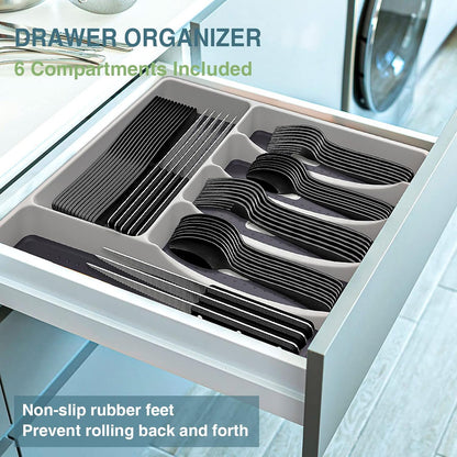 Black Silverware Set, 49-Piece Flatware Set with Drawer Organizer, Durable Stainless Steel Cutlery Set for 8, Tableware Eating Utensils with Steak Knives for Home Restaurant