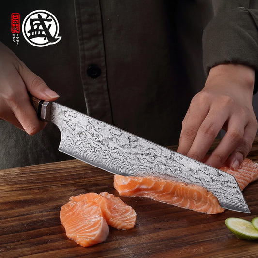 8 inch Kiritsuke Chef Knife & Japanese Sushi Knife, Hand Forged AUS-10 Damascus Steel with Shadowwood Handle & Sandalwood Box