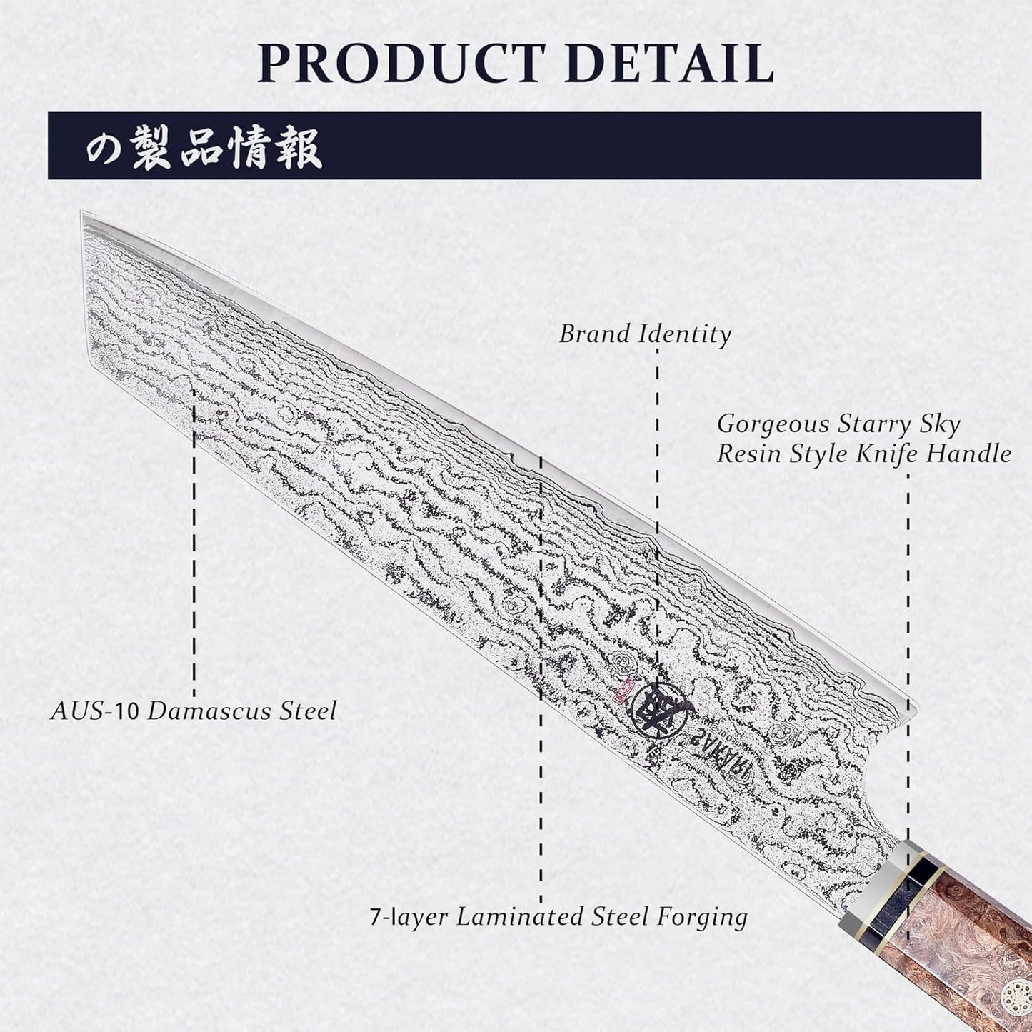 8 inch Kiritsuke Chef Knife & Japanese Sushi Knife, Hand Forged AUS-10 Damascus Steel with Shadowwood Handle & Sandalwood Box