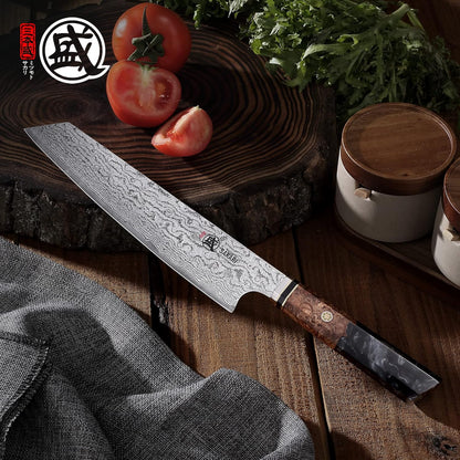 8 inch Kiritsuke Chef Knife & Japanese Sushi Knife, Hand Forged AUS-10 Damascus Steel with Shadowwood Handle & Sandalwood Box