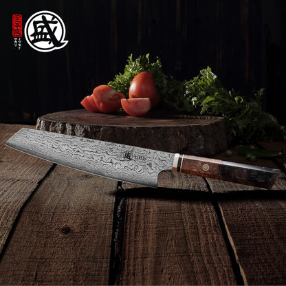 8 inch Kiritsuke Chef Knife & Japanese Sushi Knife, Hand Forged AUS-10 Damascus Steel with Shadowwood Handle & Sandalwood Box