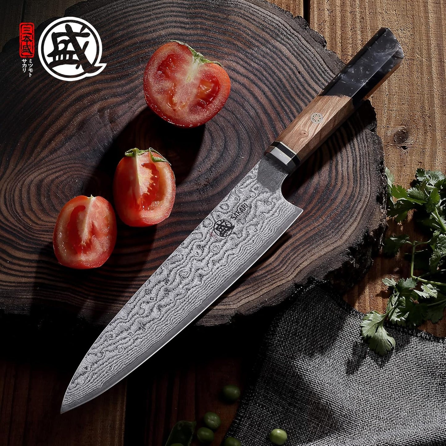 8 inch Kiritsuke Chef Knife & Japanese Sushi Knife, Hand Forged AUS-10 Damascus Steel with Shadowwood Handle & Sandalwood Box